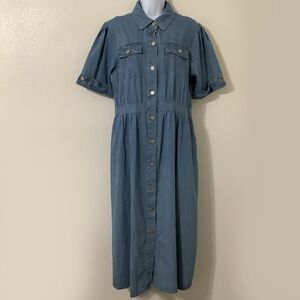 Vintage Blue Denim Retro Button Up Western Cowgirl Country Casual Midi Dress XL